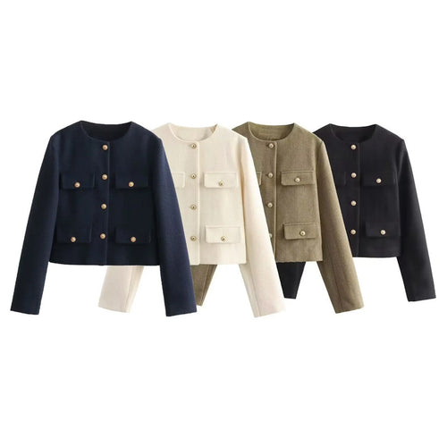 Damen Modische Kurzjacke mit dekorativen Knöpfen und praktischen Taschen EB