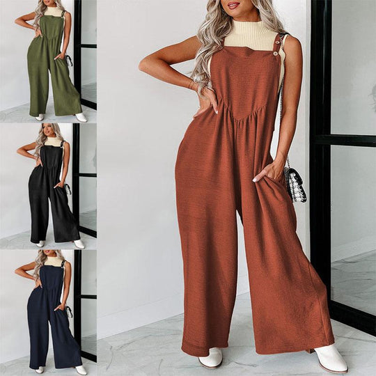 Damen lässiger Jumpsuit mit weit geschnittenem Bein und dekorativen Knopfdetails EB