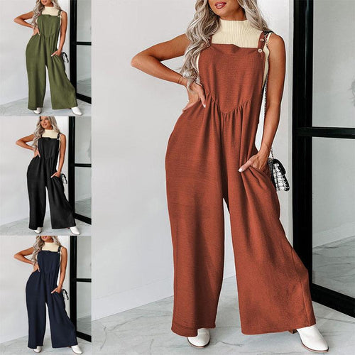 Damen lässiger Jumpsuit mit weit geschnittenem Bein und dekorativen Knopfdetails EB