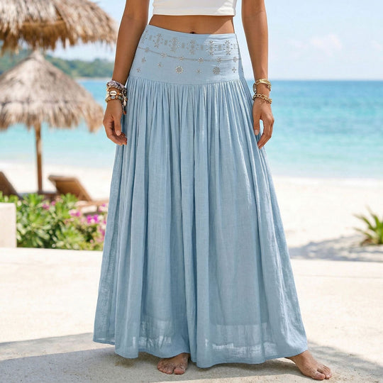 Damen nan maxi-Volantrock mit besticktem Bund und feinen Falten EB