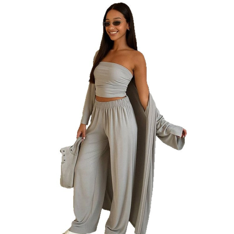 Damen elegantes 3-teiliges Set mit weitem Hosen und tailliertem Oberteil EB