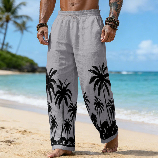 Herren Lässige weite Leinenhose mit elastischem Bund und tonalem Palmenprint EB