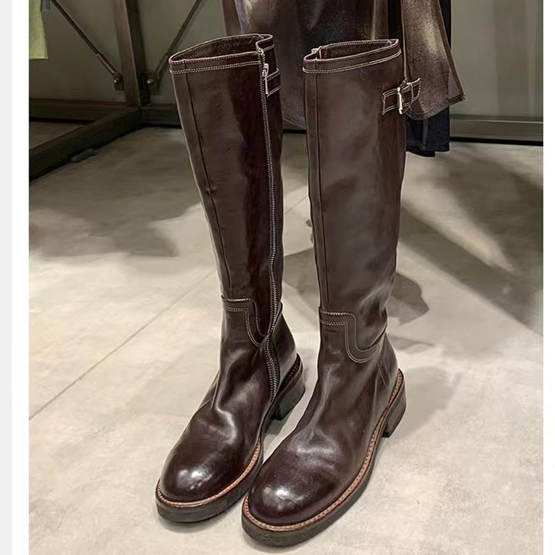 Damen Überknie-Stiefel aus hochwertigem Leder mit robustem Reißverschluss und modischen Schnallen EB