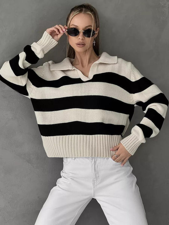 Damen Grob gestrickter Pullover mit breitem Kragen und Blockstreifendesign EB