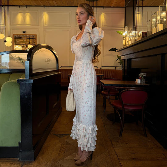 Damen Elegantes Maxikleid mit zarten Rüschenärmel und floralem Muster EB