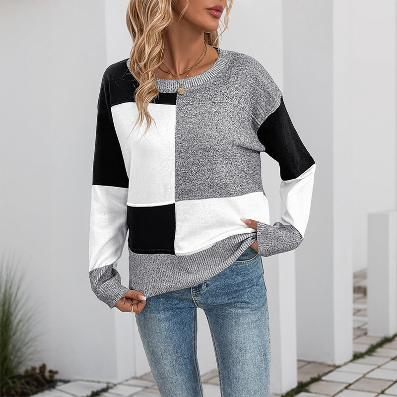 Damen Blockmuster-Strickpullover mit Rundhalsausschnitt und legerer Passform EB