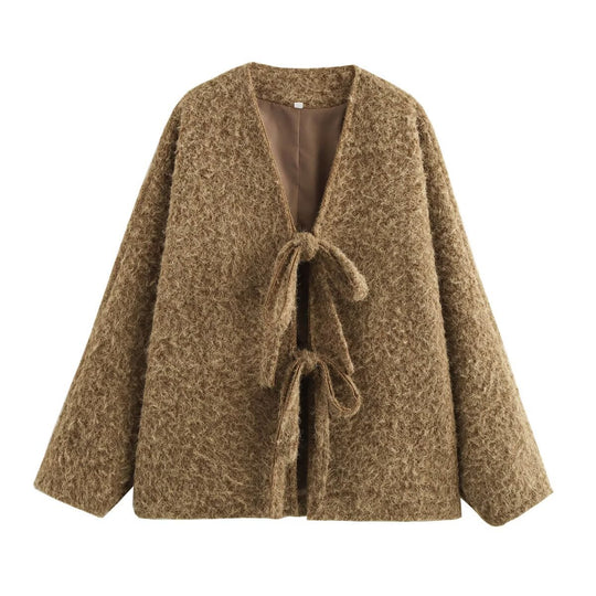 Damen Kuschelige Oversized Weste mit Bindebändern und anschmiegsamem Material EB