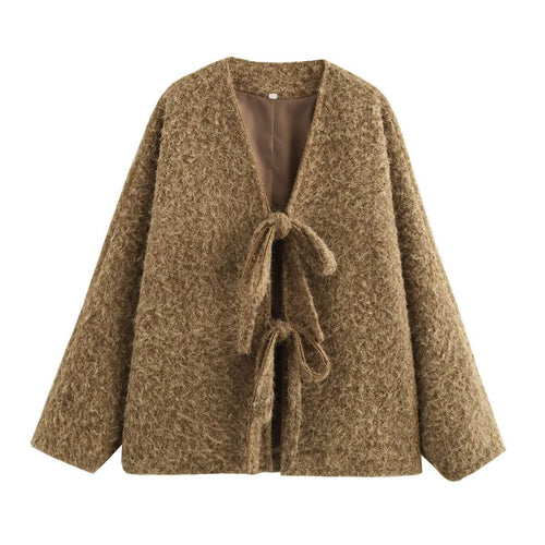 Damen Kuschelige Oversized Weste mit Bindebändern und anschmiegsamem Material EB