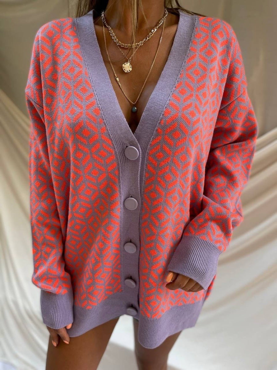 Damen Grober Strickjacke mit V-Ausschnitt und auffälligem Muster EB
