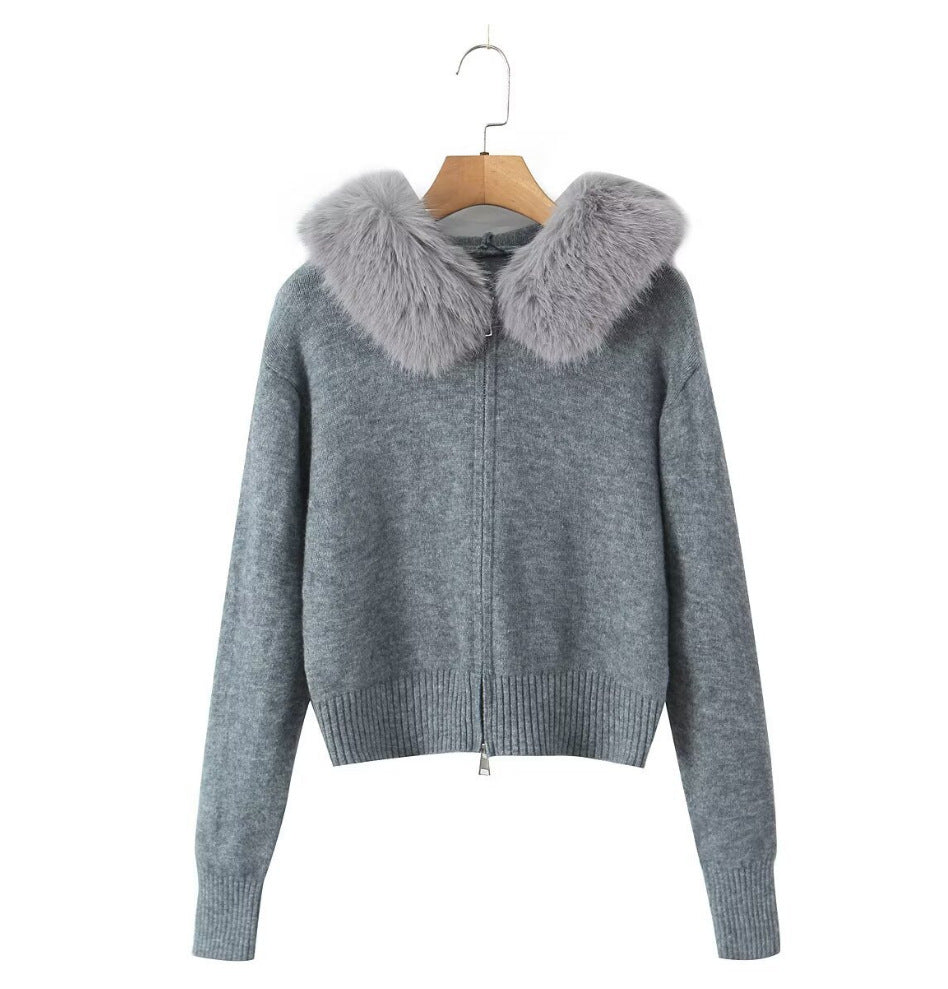 Damen Strickjacke mit luxuriösem Kunstfellkragen und Reißverschluss EB