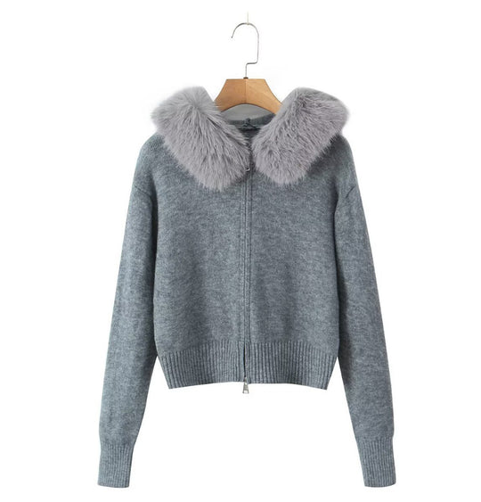 Damen Strickjacke mit luxuriösem Kunstfellkragen und Reißverschluss EB