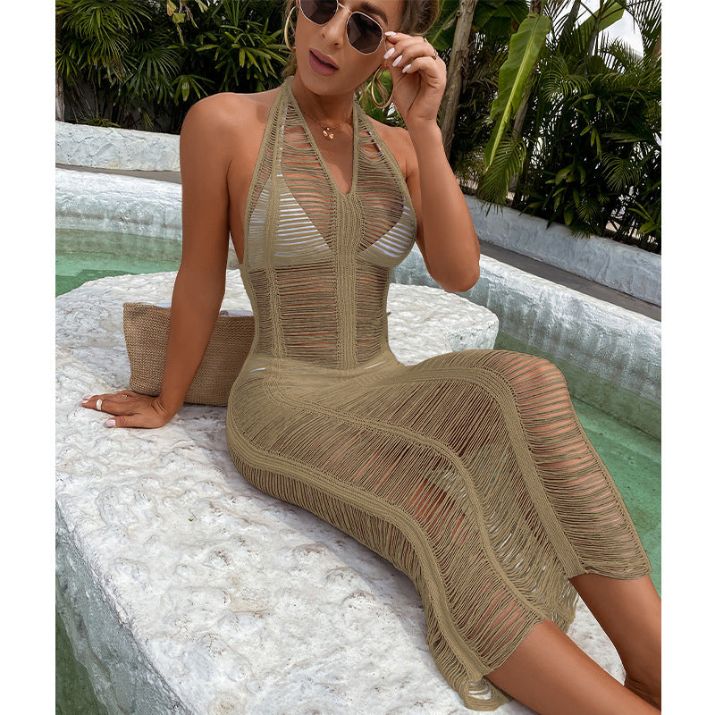 Damen Häkel-Strandkleid mit fransigen Elementen und hoher Taille EB