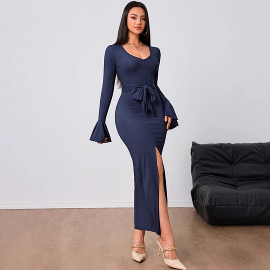 Damen figurbetontes Maxikleid mit V-Ausschnitt Trompetenärmeln Taillenband und hohem Seitenschlitz Eichborn Berlin