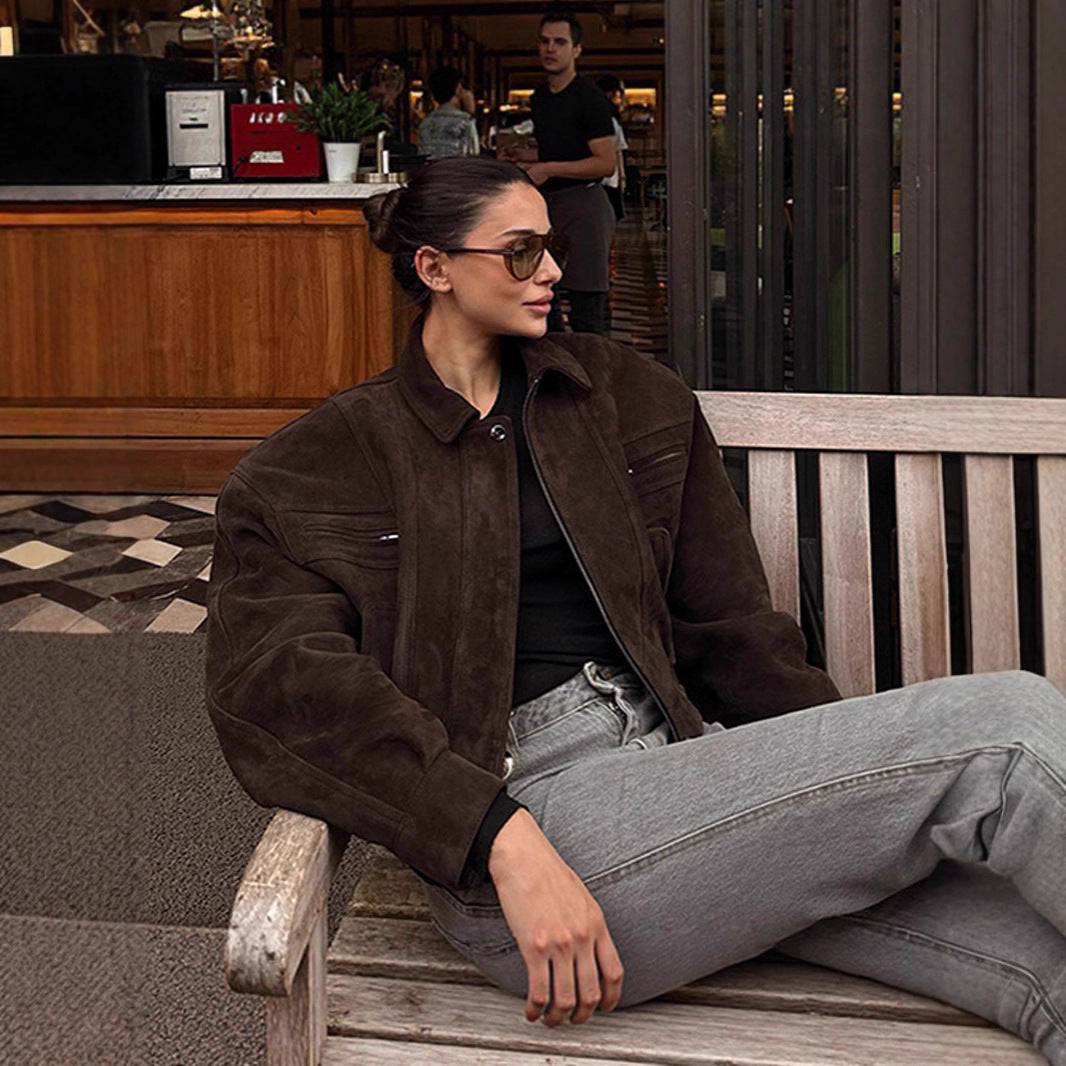 Damen Suede Übergangsjacke im lässigen Stil mit Ballonärmeln EB