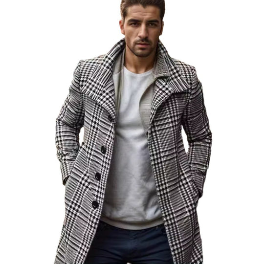 Herren eleganter Karomantel mit großflächigen Taschen und hohem Kragen EB