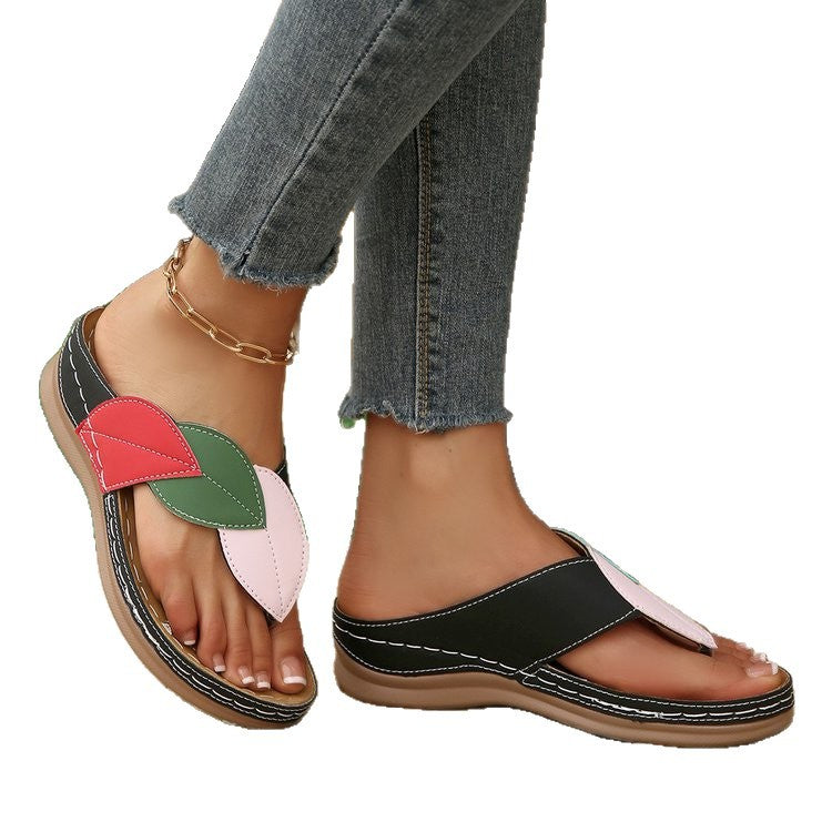 Damen Zehentrenner-Sandalen mit modischem Blatt-Design und anatomischem Fußbett EB