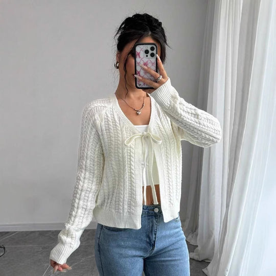 Damen Strickjacke mit modischem Kordelzug und feiner Netzstruktur EB