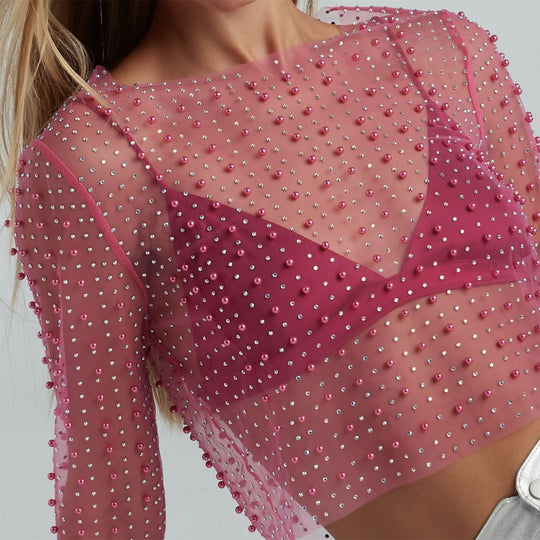 Damen Transparentes Oberteil mit kunstvollen Perlenakzenten EB