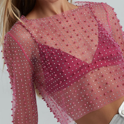 Damen Transparentes Oberteil mit kunstvollen Perlenakzenten EB