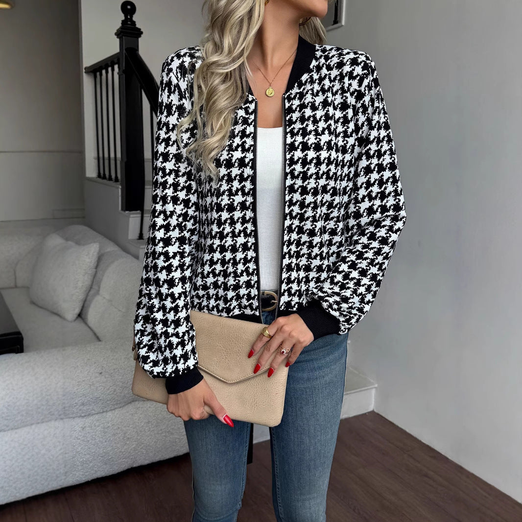 Damen Modischer Bomberjacke mit klassischem Hahnentrittmuster EB