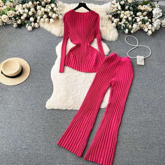 Damen modisches Strick-Loungewear-Set mit schmeichelnden Rippdetails EB