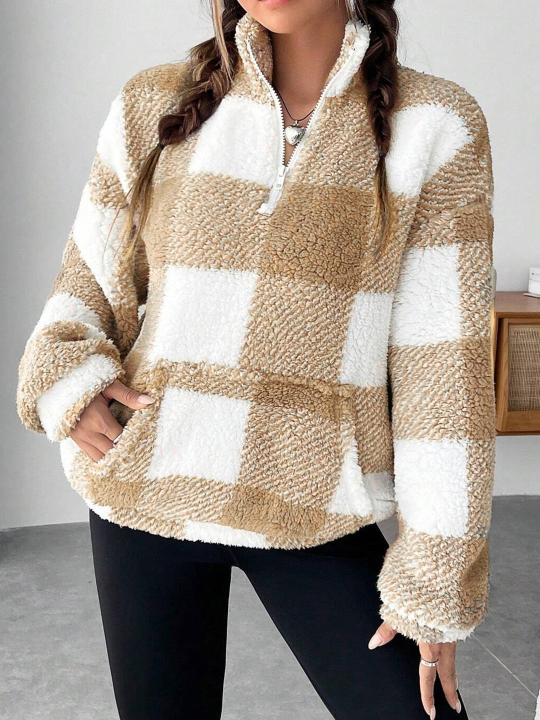 Damen Fleece-Pulloverjacke mit Reißverschluss und Taschen EB
