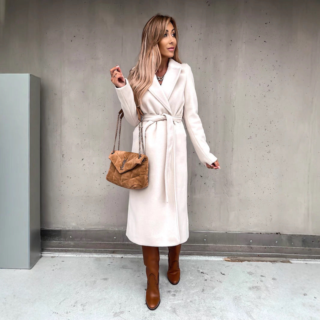 Damen eleganter langärmeliger Wollmantel mit Taillengürtel EB
