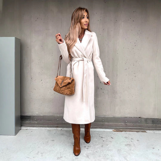 Damen eleganter langärmeliger Wollmantel mit Taillengürtel EB