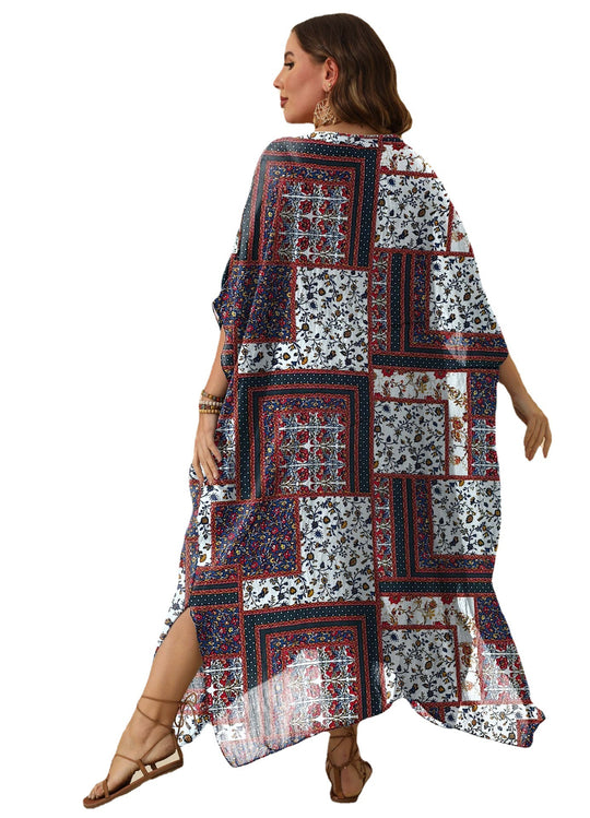 Damen luftiges Maxikleid mit farbenfrohem Patchwork-Design EB