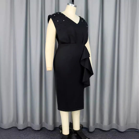 Damen elegantes Wickelkleid mit schimmernden Perlen und asymmetrischem Rüschensaum EB