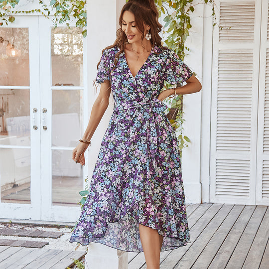 Damen Midikleid mit raffiniertem Wickeldesign und floralem Muster EB