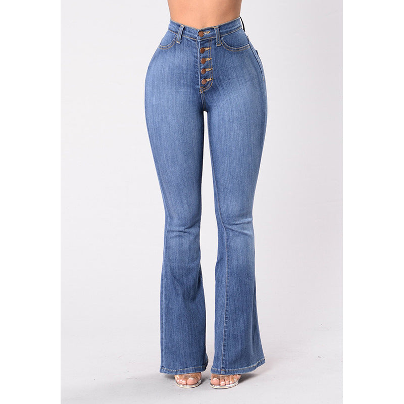 Damen nan Highwaist-Jeans mit ausgestelltem Schlag, taillierter Passform und dekorativer Knopfleiste EB