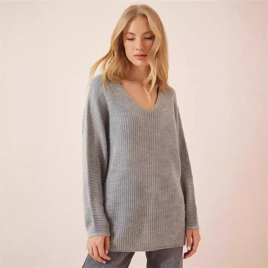 Damen lässiger V-Ausschnitt Pullover mit strukturiertem Strickmuster EB
