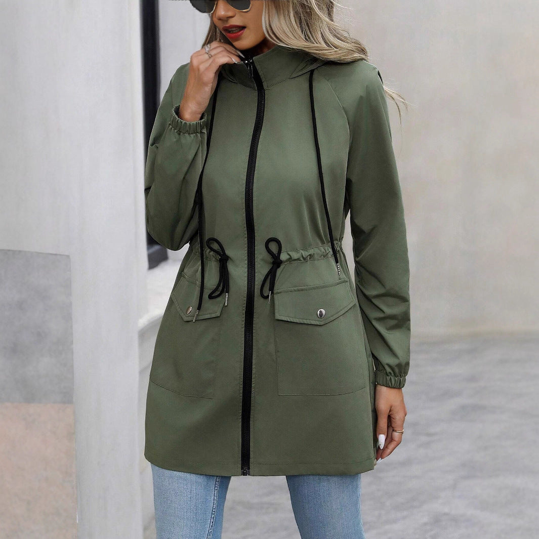 Damen praktische Kapuzenjacke mit verstellbarem Bund und Taschen EB