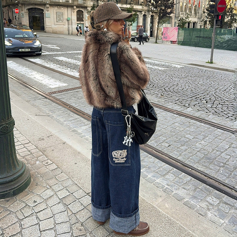Damen Kunstpelzjacke im modernen Cropped-Stil EB