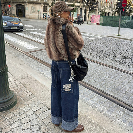 Damen Kunstpelzjacke im modernen Cropped-Stil EB