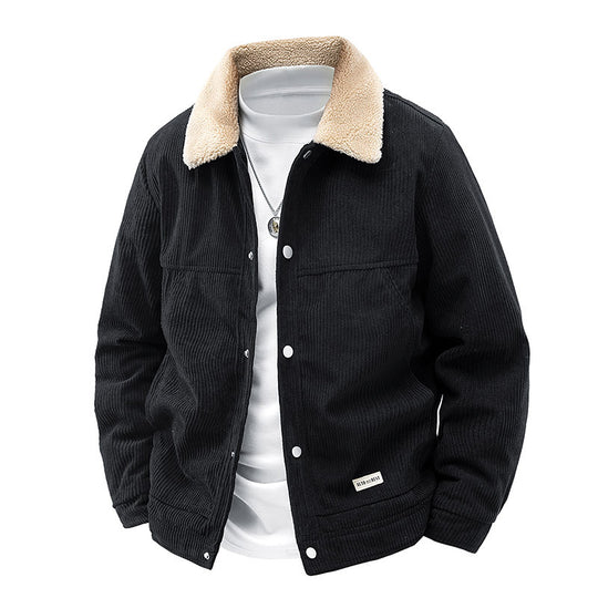 Men's  ribbed corduroy snap-front workwear jacket with sherpa-lined collar and angled hand pockets EB