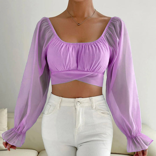 Damen Cropped Bluse mit Puffärmeln und raffiniertem Schnitt EB
