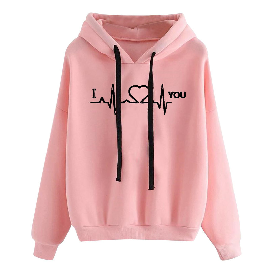 Damen nan leichter Oversize Kapuzenpullover mit Herz‑EKG‑Motiv, langen Kordeln und elastischem Bund EB
