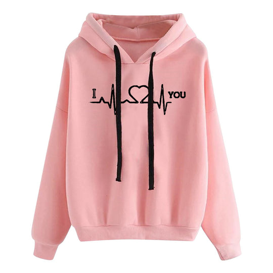 Damen nan leichter Oversize Kapuzenpullover mit Herz‑EKG‑Motiv, langen Kordeln und elastischem Bund EB