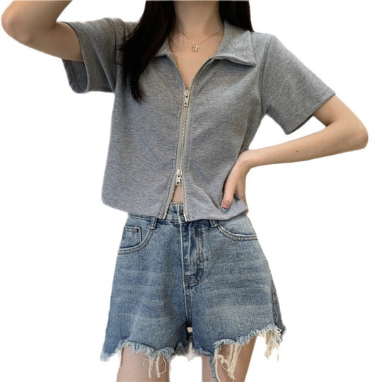 Damen Cropped Poloshirt mit Reißverschluss und strukturierter Textur EB