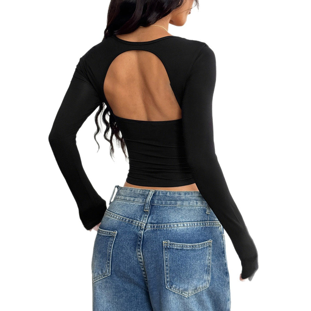 Damen nan tailliertes Langarm-Cropped-Top mit eckigem Ausschnitt, figurbetonter Passform und zierlichem Schmuckknopf-Detail EB