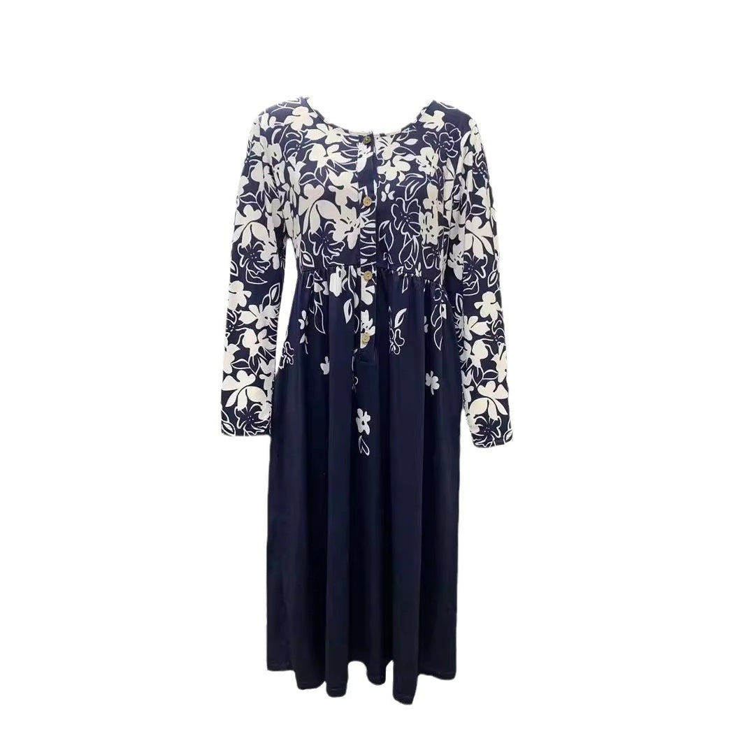 Damen Maxikleid mit floralem Design und eleganten Knopfdetails EB