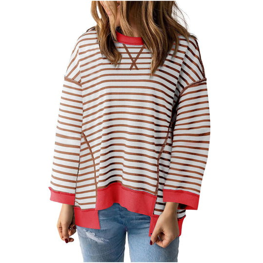 Damen nan oversized gestreifter Sweatshirtpullover mit kontrastsaum, überschnittener Schulter und seitlichen Schlitzen EB