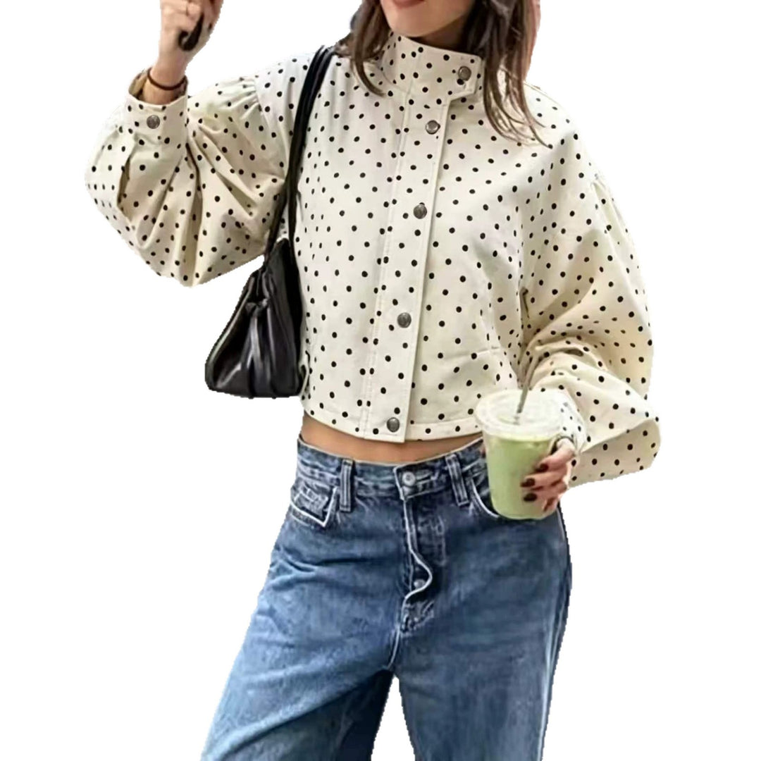 Damen Gepunktete Cropped-Jacke mit Stehkragen, Ballonärmeln und Druckknöpfen EB