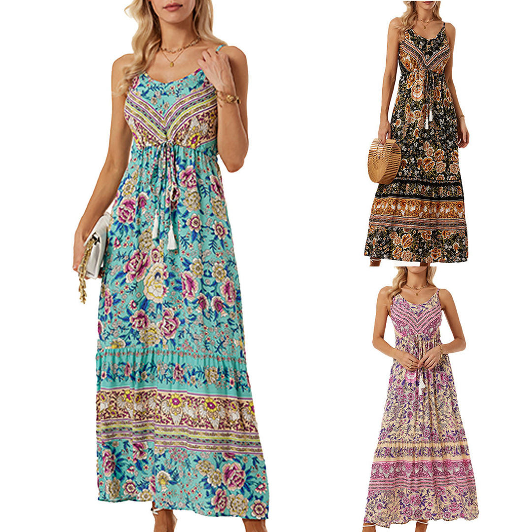 Damen Maxikleid mit elegantem floralem Motiv und verstellbarem Taillenzug EB