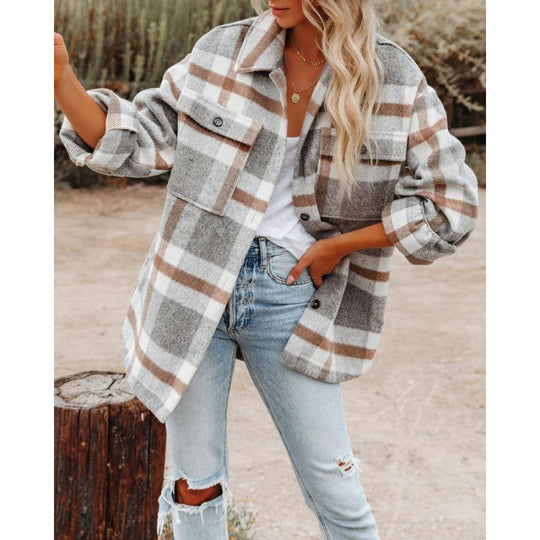 Damen Karobluse mit oversized Schnitt und Taschen EB