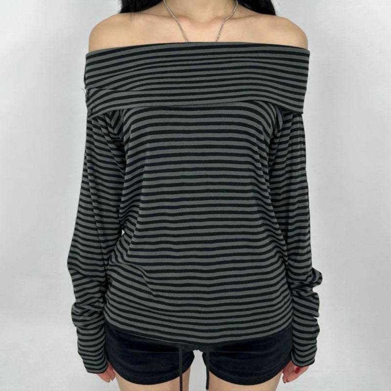 Damen nan schulterfreies Langarmshirt mit Carmen-Ausschnitt, taillierter Passform und feinem Streifenmuster EB