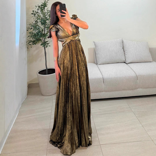 Damen Glamouröses Plissee-Maxikleid mit tiefem V-Ausschnitt und Puffärmeln EB