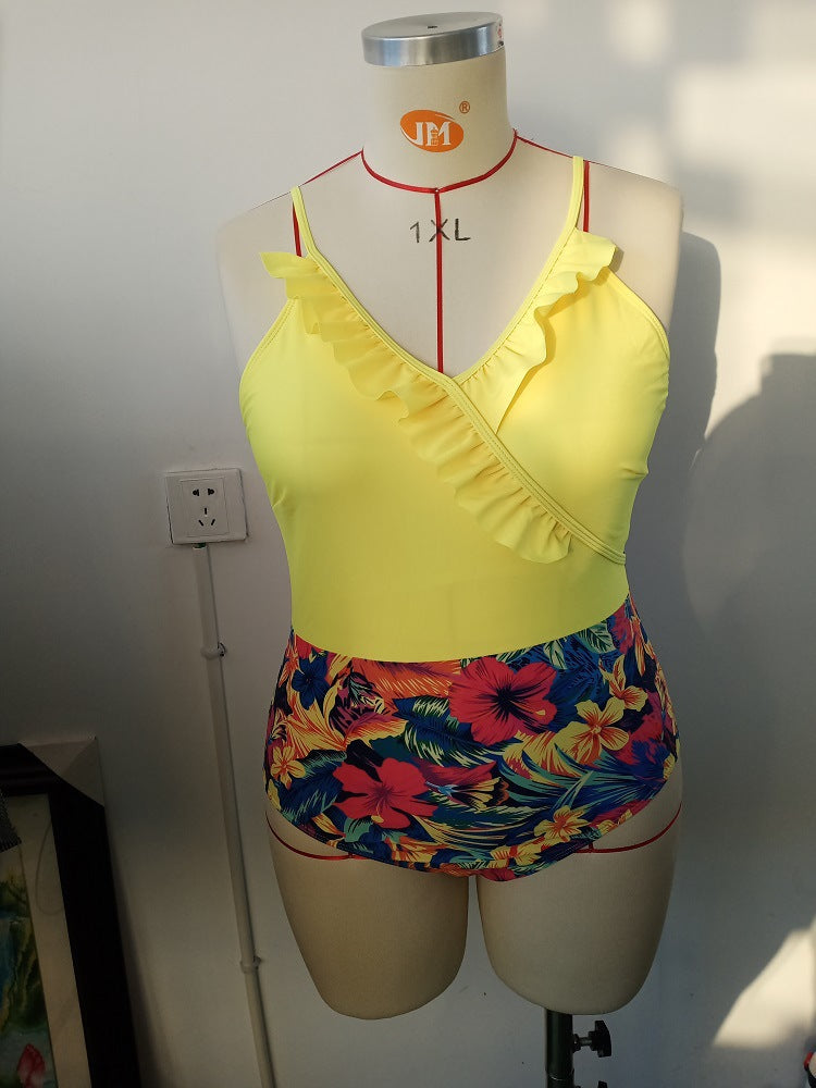Damen Einteiler Badeanzug mit asymmetrischem Rüschendesign und floralem Hosenbereich EB